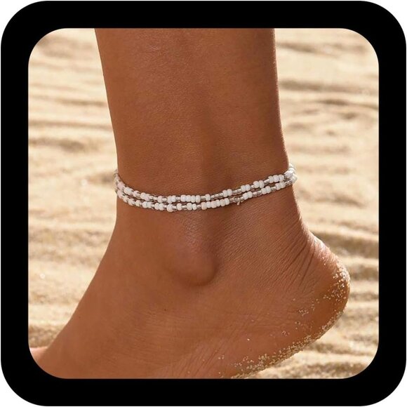 Boho Seed Beaded Anklet - Adjustable White Bead Foot Chain Jewelry for Women - Picture 1 of 7